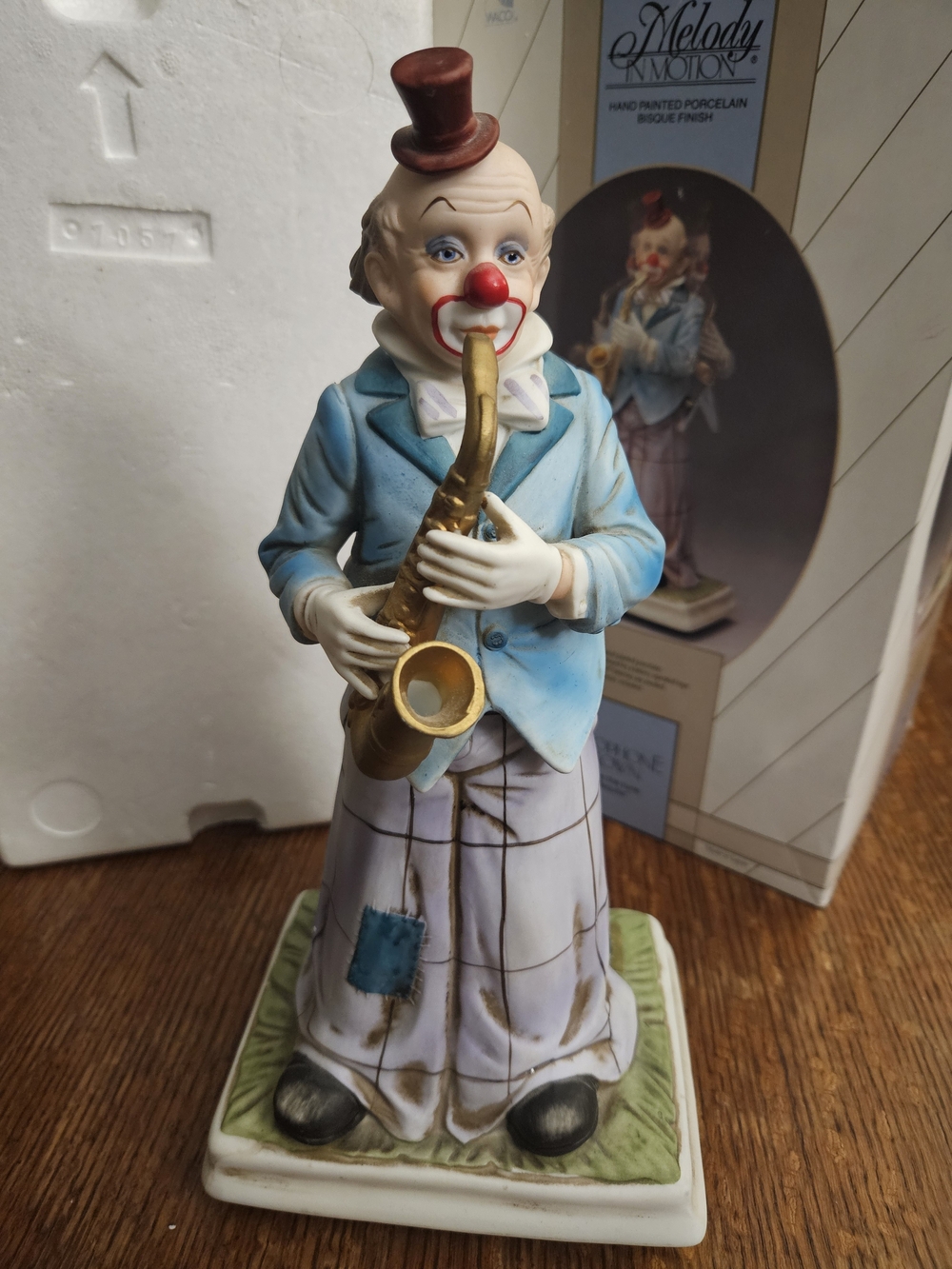 Melody in Motion Blue Clown Playing Saxophone Porcelain Figurine "Tequila"